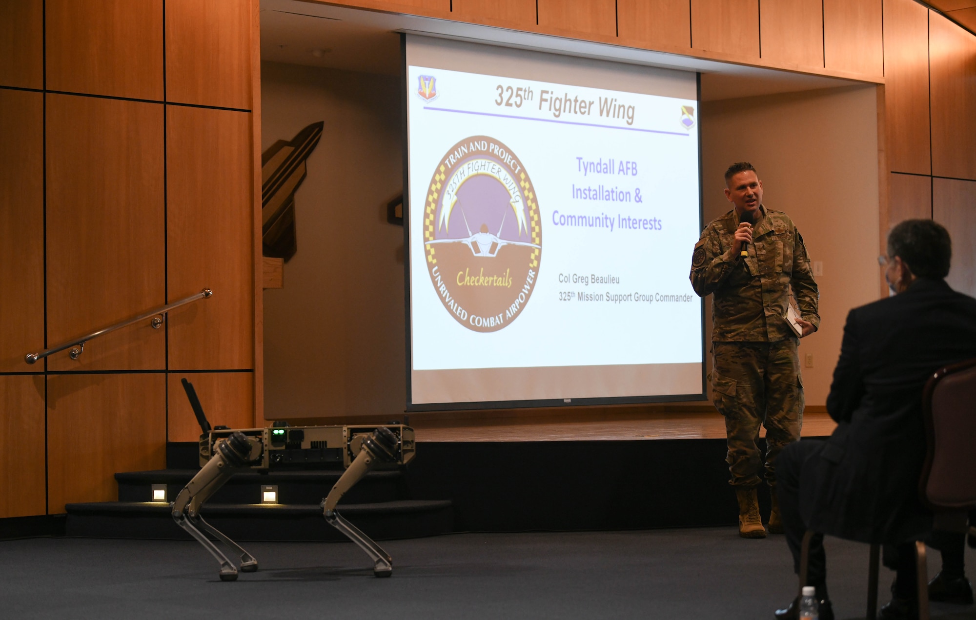 U.S. Air Force Col. Gregory Beaulieu, 325th Mission Support Group commander, speaks at a briefing at Tyndall Air Force Base, Florida, April 23, 2021. Leaders from the 325th Fighter Wing, First Air Force, and the Tyndall Program Management Office hosted a State of Tyndall update for local community leaders April 23 at Tyndall AFB. (U.S. Air Force photo by Airman 1st Class Anabel Del Valle)