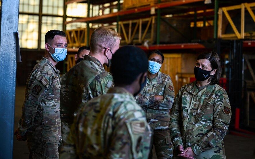Chief Master Sgt. of the Air Force JoAnne S. Bass, recieves a briefing from members of the 2nd Logistics Readiness Squadron during a tour of Barksdale Air Force Base, Louisiana, April 21, 2021. During the tour, Airmen from the 2nd LRS briefed Bass on their role in fulfilling the mission of the 2nd Bomb Wing. (U.S. Air Force photo by Senior Airman Christina Graves)