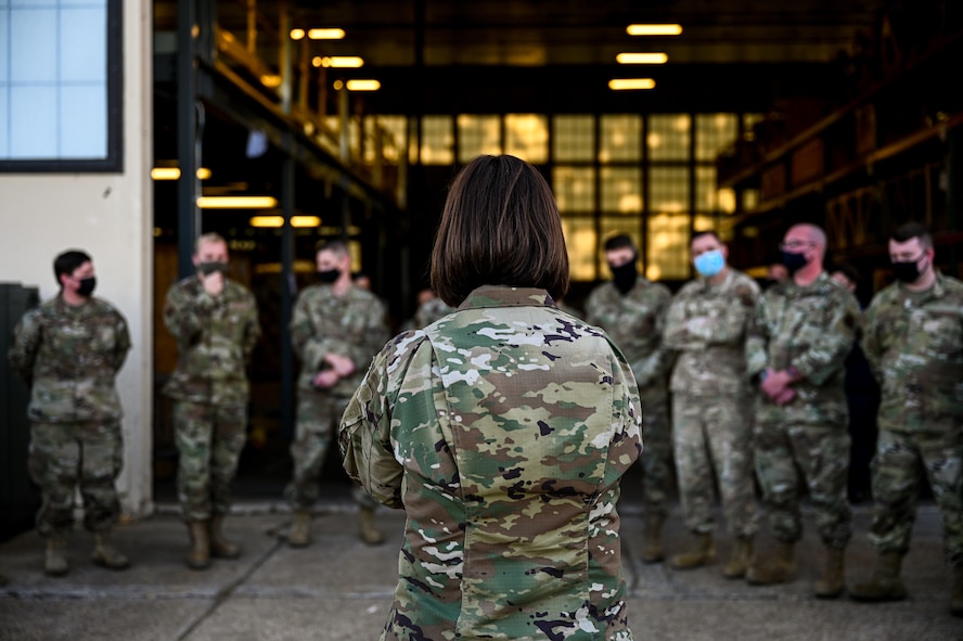 Chief Master Sgt. of the Air Force JoAnne S. Bass, engages with Airmen of the 2nd Bomb Wing during a tour of Barksdale Air Force Base, Louisiana, April 21, 2021. During the tour, Bass spent time answering questions and providing insight on her perspective of the future of the Air Force. (U.S. Air Force photo by Senior Airman Christina Graves)