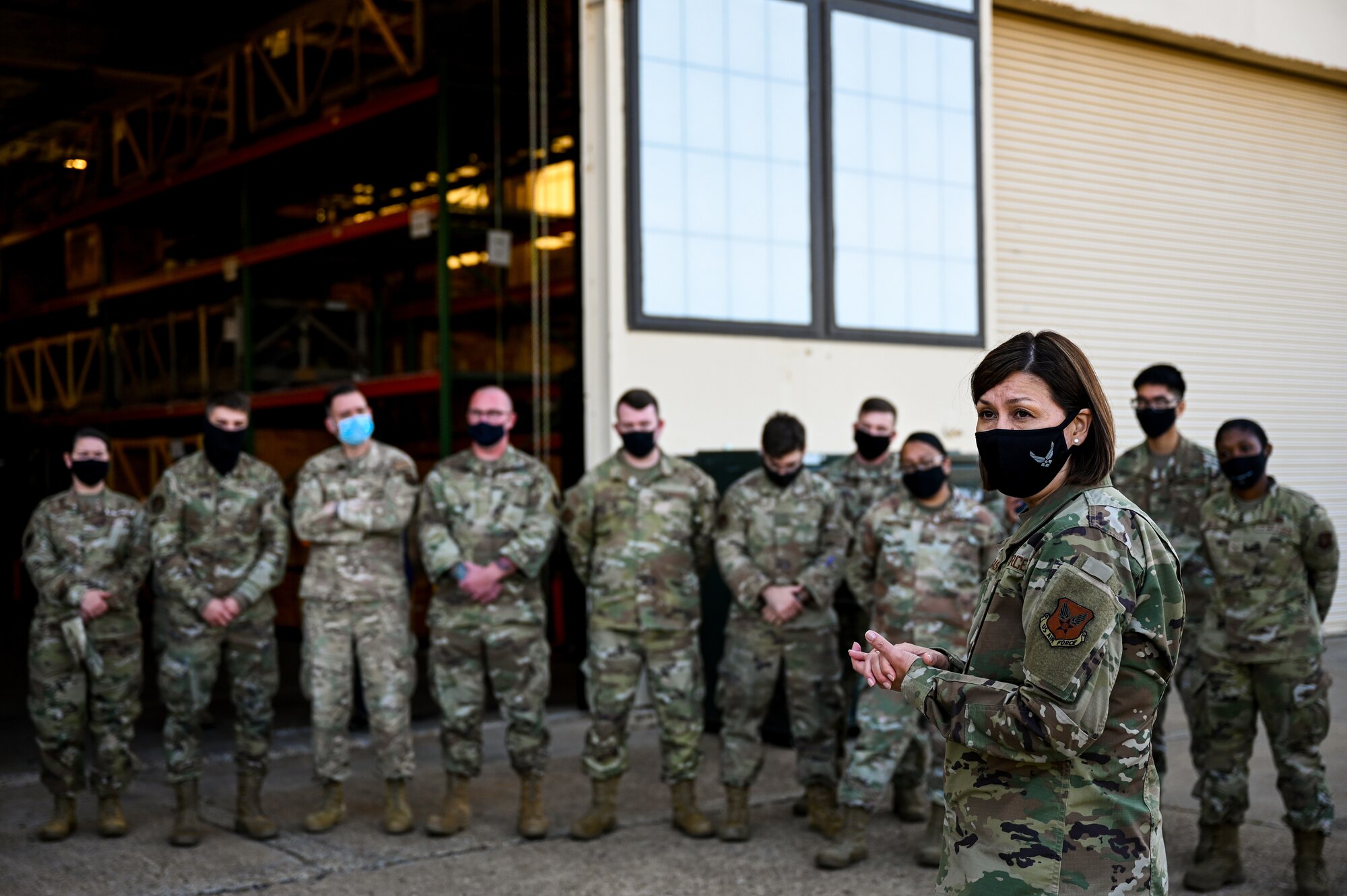 Chief Master Sgt. of the Air Force JoAnne S. Bass, engages with Airmen of the 2nd Bomb Wing during a tour of Barksdale Air Force Base, Louisiana, April 21, 2021. During the tour, Bass spent time answering questions and providing insight on her perspective of the future of the Air Force. (U.S. Air Force photo by Senior Airman Christina Graves)