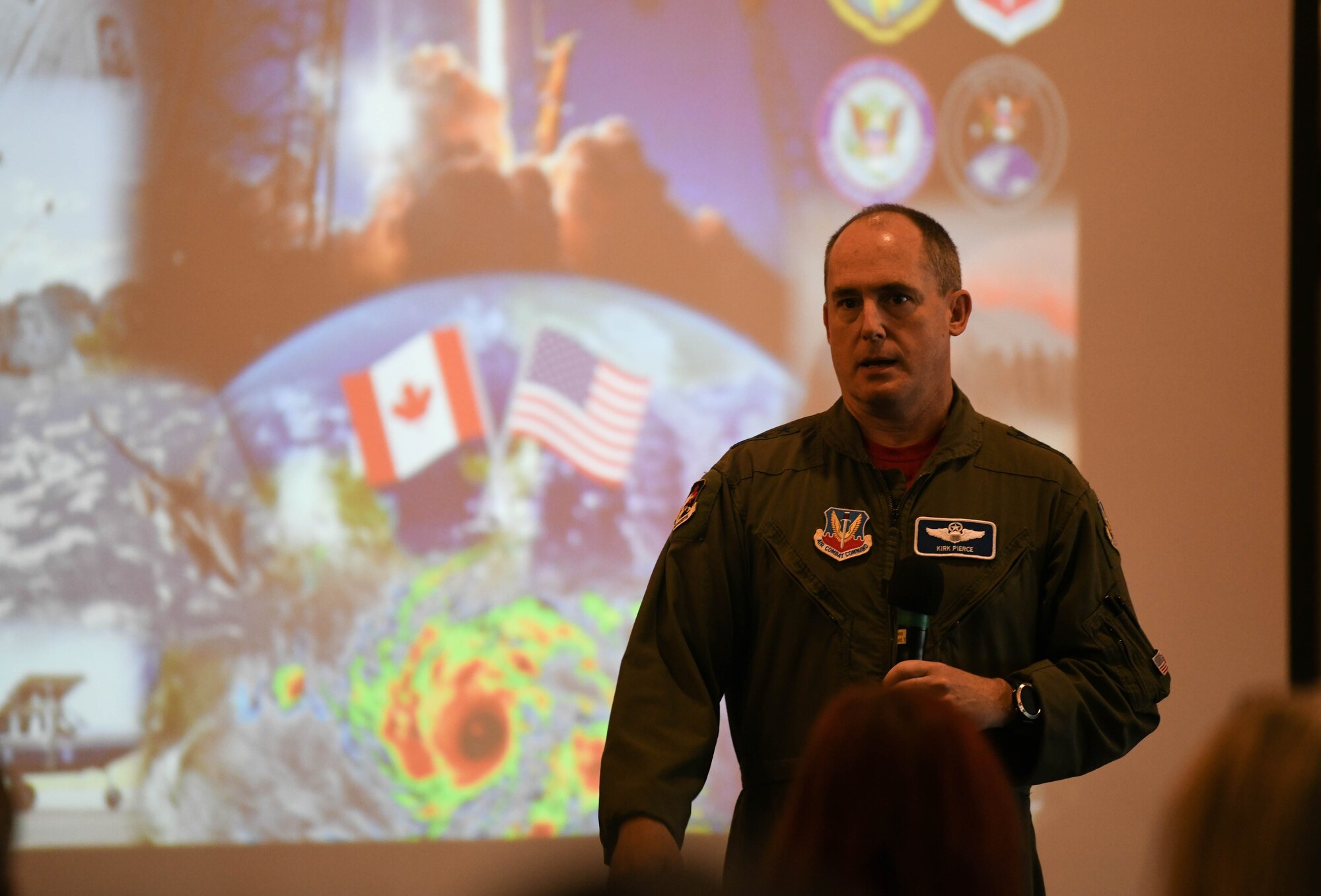 U.S. Air Force Lt. Gen. Kirk Pierce, Continental U.S. North American Aerospace Defense Command Region and 1st Air Force commander, speaks at a briefing at Tyndall Air Force Base, Florida, April 23, 2021. Leaders from the 325th Fighter Wing, First Air Force, and the Tyndall Program Management Office hosted a State of Tyndall update for local community leaders April 23 at Tyndall AFB. (U.S. Air Force photo by Airman 1st Class Anabel Del Valle)