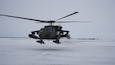 A UH-60 Black Hawk helicopter departs Bethel, Alaska, returning to Joint Base Elmendorf-Richardson, April 9, 2021, after providing transportation to hub villages April 7-9. Maj. Gen. Torrence Saxe, commissioner for the Alaska Department of Military and Veterans Affairs and adjutant general for the Alaska National Guard, accompanied by representatives from the Department of Environmental Conservation and the Department of Commerce, Community, and Economic Development, traveled to Western Alaska to meet with Tribal leaders and citizens in Bethel, Tuluksak, and Chevak. They discussed disaster assistance measures and processes in light of recent emergencies that have occurred in the region, and in preparation for the upcoming flood season. (U.S. Army National Guard photo by Dana Rosso)