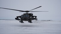 A UH-60 Black Hawk helicopter departs Bethel, Alaska, returning to Joint Base Elmendorf-Richardson, April 9, 2021, after providing transportation to hub villages April 7-9. Maj. Gen. Torrence Saxe, commissioner for the Alaska Department of Military and Veterans Affairs and adjutant general for the Alaska National Guard, accompanied by representatives from the Department of Environmental Conservation and the Department of Commerce, Community, and Economic Development, traveled to Western Alaska to meet with Tribal leaders and citizens in Bethel, Tuluksak, and Chevak. They discussed disaster assistance measures and processes in light of recent emergencies that have occurred in the region, and in preparation for the upcoming flood season. (U.S. Army National Guard photo by Dana Rosso)