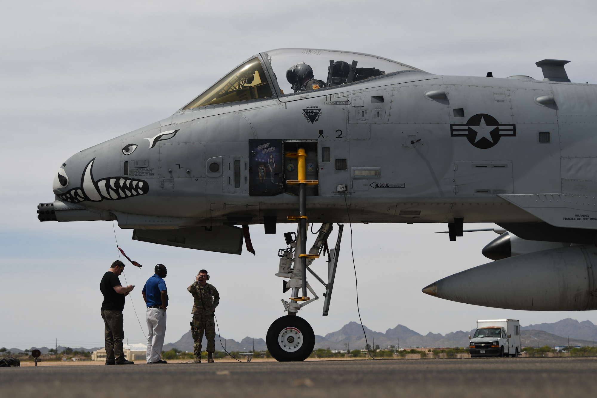 Operational test personnel from the Air National Guard Air Force Reserve Command Test Center conduct a ground check following the first field test of the LITENING Digital Port Plug-n-Play 3+ on the A-10 Thunderbolt II at Davis-Monthan Air Force Base, Arizona, April 14, 2021.