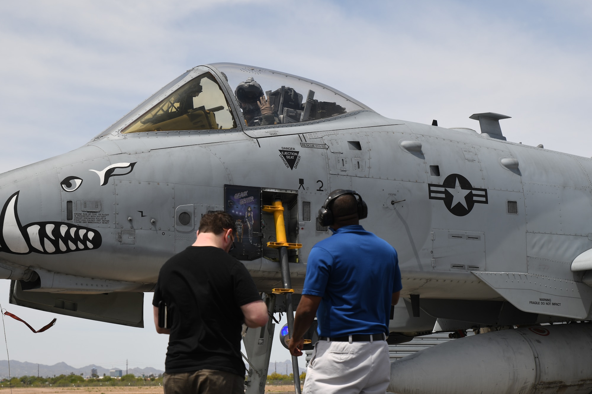 Operational test personnel from the Air National Guard Air Force Reserve Command Test Center conduct a ground check following the first field test of the LITENING Digital Port Plug-n-Play 3+ on the A-10 Thunderbolt II at Davis-Monthan Air Force Base, Arizona, April 14, 2021.