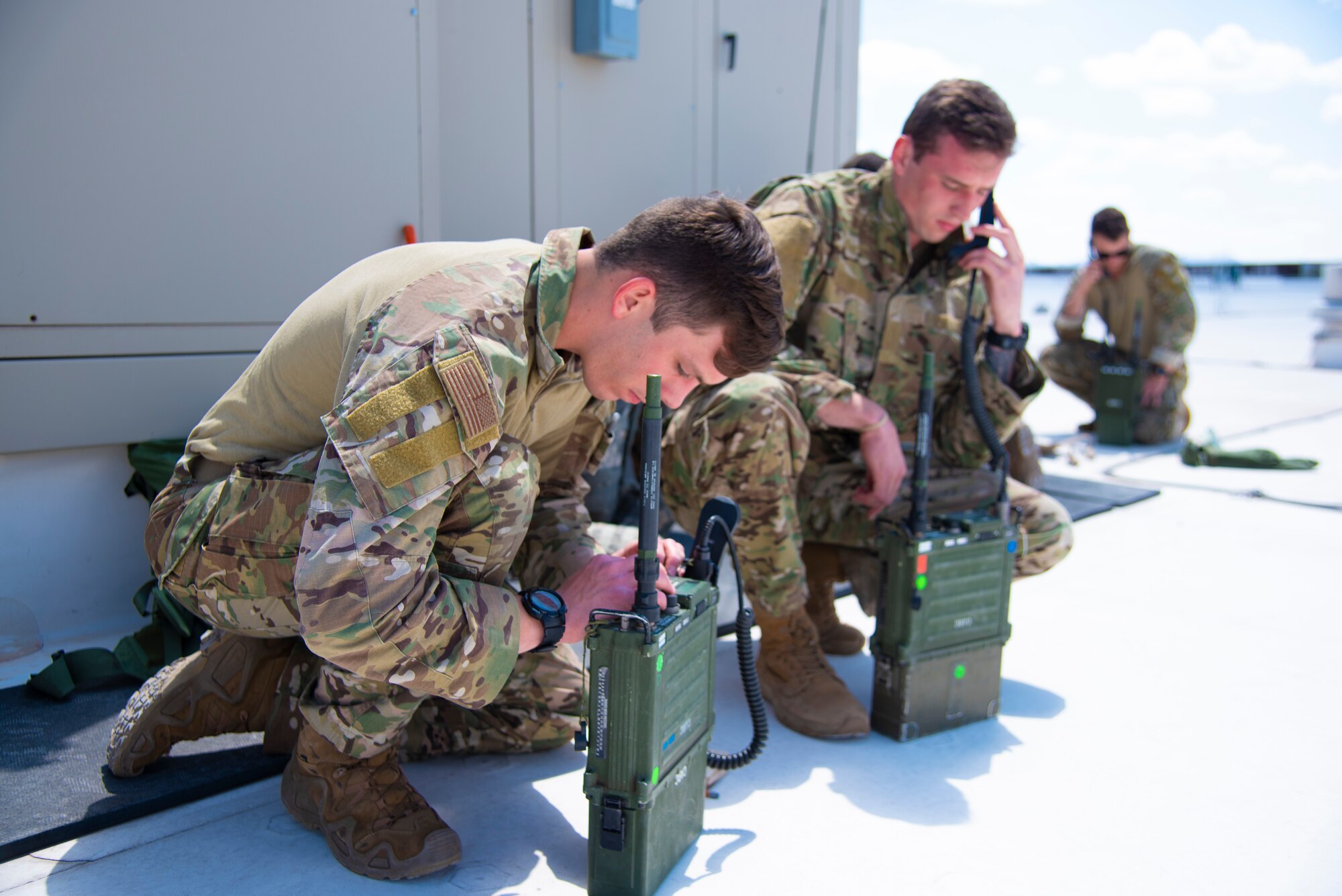 Two U.S. Air Force Tactical Air Control Party specialists participate in high frequency radio drills during the 2021 Wraith Challenge, April 19, 2021, on Fort Bliss, Texas. The Wraith Challenge tests participants’ knowledge and practical application of Joint Terminal Attack Controller skills, field craft, radio use and theory. (U.S. Air Force photo by Airman 1st Class Jessica Sanchez)