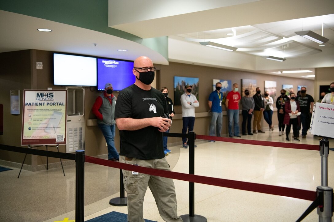Col. Robert Corby, the 28th Medical Group commander, addresses his team at the launch of the MHS Genesis electronic health record (EHR) at Ellsworth Air Force Base, S.D., April 24, 2021.