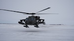 A UH-60 Black Hawk helicopter departs Bethel, Alaska, returning to Joint Base Elmendorf-Richardson, April 9, 2021.