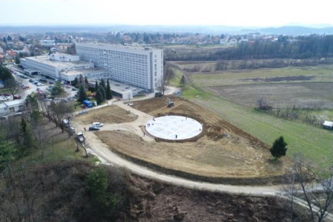 View of work on a new helicopter landing zone at the primary hospital in Karlovac, Croatia in March 2021 as part of a project being managed by the U.S. Army Corps of Engineers, Europe District in support of the U.S. European Command and in close coordination with the U.S. Embassy in Croatia. The site is one of three helicopter landing zones being built to improve local emergency medical response capabilities and help save lives. (Courtesy Photo)