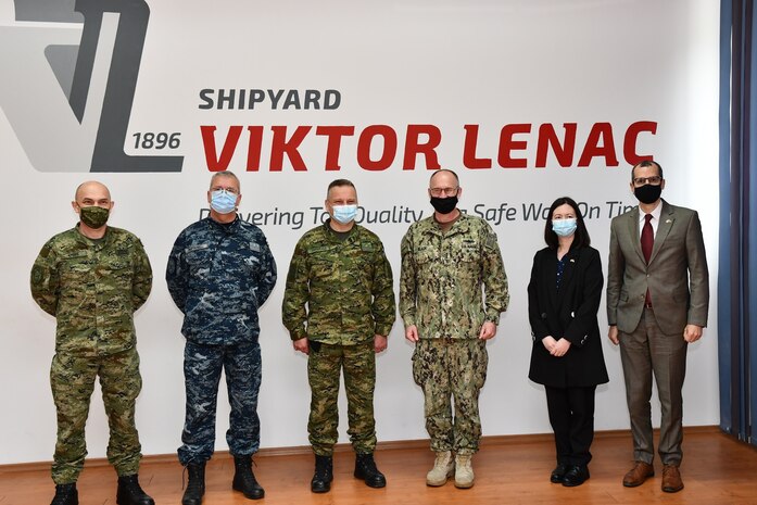 From left to right, LTG Siniša Jurković, Croatian Deputy Chief of Defense, RADM Ivo Raffanelli, Commander of Croatian Navy, MG Ivica Kinder, Director of Croatian Military Security Intelligence Agency, VADM Gene Black, Ms. Victoria Taylor, Charge d’Affaires, and Mr. Mark Schapiro, COMUSNAVEUR Political Advisor, pose for a group photo.