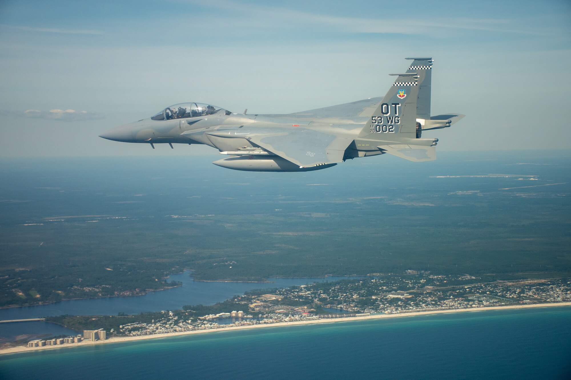 F-15EX flies over the beaches outside of Eglin Afb