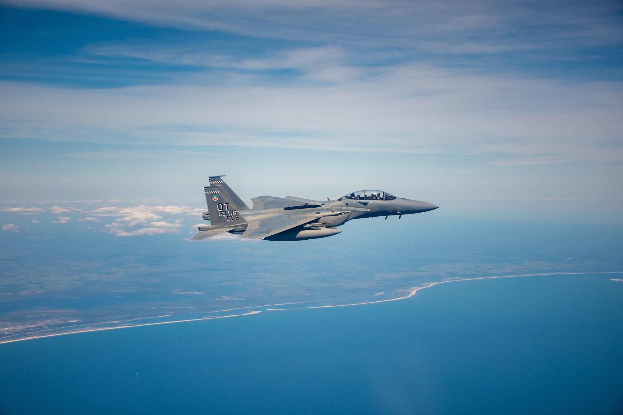 F-15EX flies over the beaches outside of Eglin Afb