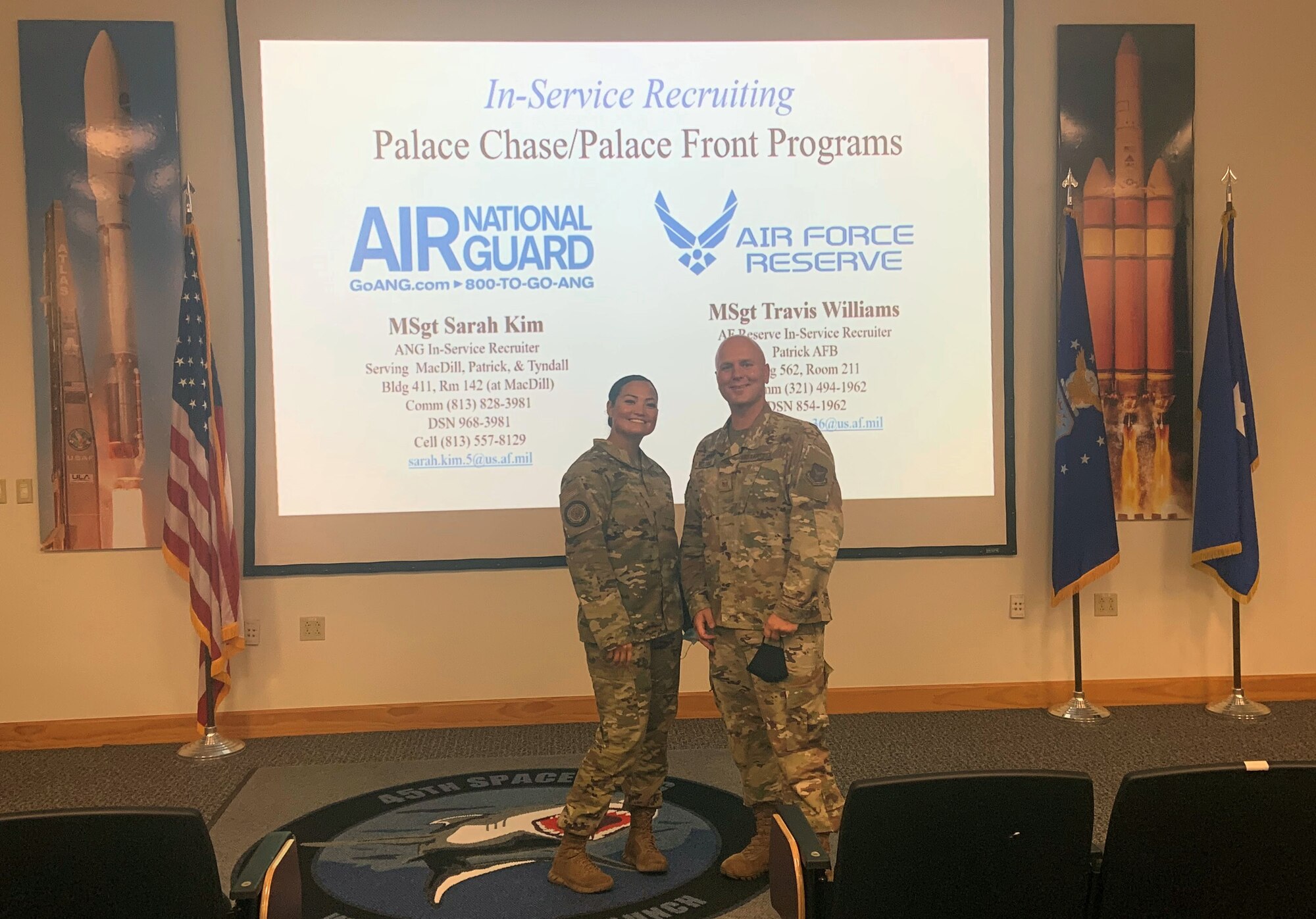 Master Sgt. Sarah Kim, Air National Guard in-service recruiter at MacDill Air Force Base, Florida, and Master Sgt. Travis Williams, Air Force Reserve in-service recruiter at Patrick Space Force Base, Florida, work together as part of Total Force recruiting to show  Airmen who are coming off Air Force active duty the opportunities to continue serving in a reserve component.