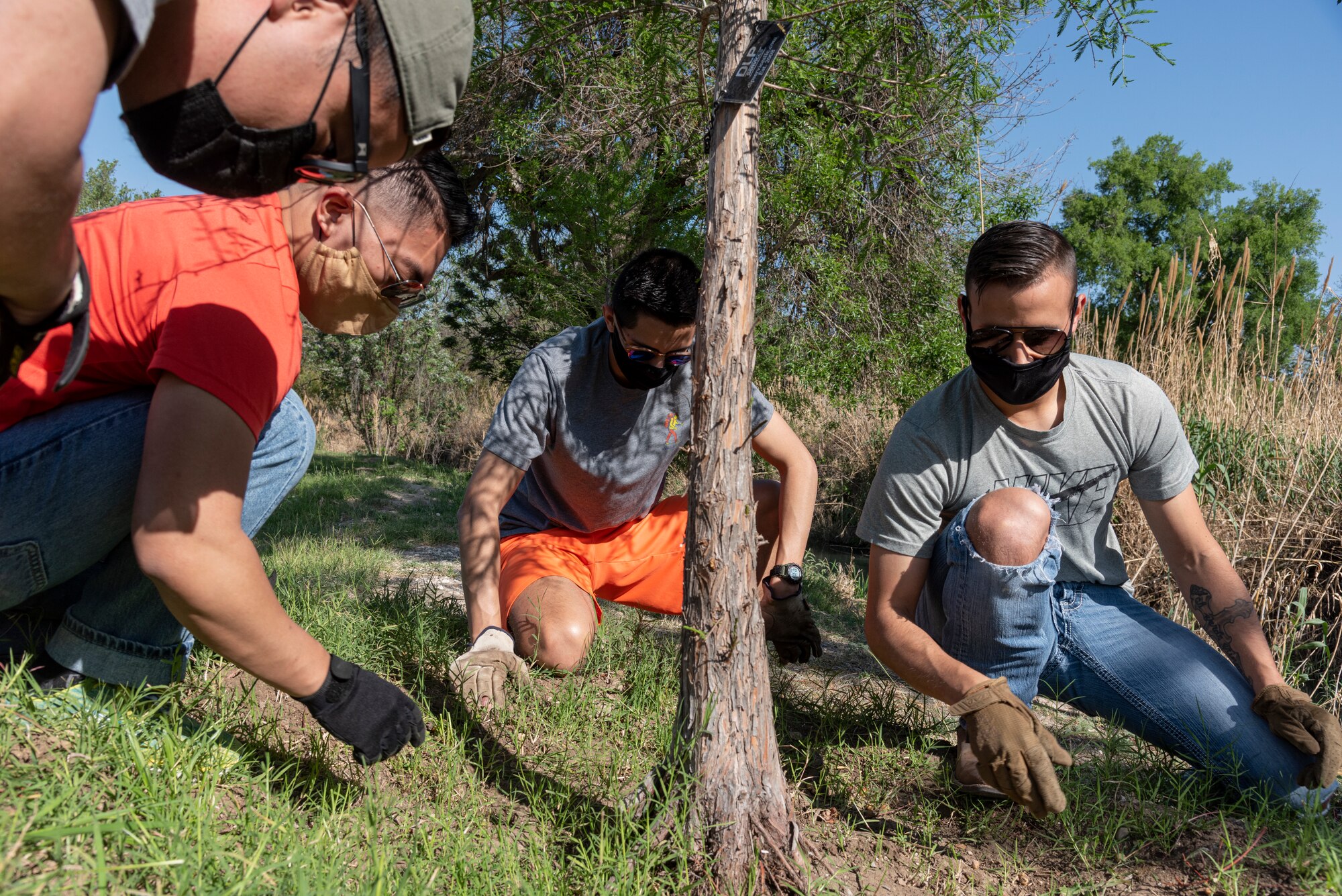Second Lt. John Cao, 2nd Lt. Gene Pak, 2nd Lt. Joshua Englebert, 2nd Lt. Zachary Arambula, 47th Student Squadron student pilots assigned to Laughlin Air Force Base, Texas, clear weeds from the base of a tree on April 10, 2021, near Brown plaza and San Felipe Creek in Del Rio. More than 500 volunteers from base focused on revitalizing the San Felipe Amphitheater, Rubin Chavira Elementary School, Bobby Barrera Science, Technology, Engineering and Mathematics school, the Casa de la Cultura, Brown Plaza, AA Animal Rescue Coalition, a cemetery and numerous baseball and softball fields throughout town. (U.S. Air Force photo by Senior Airman Anne McCready)