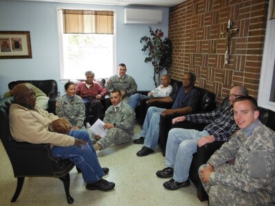 Officer Candidates from the Virginia National Guard’s Officer Candidate School Class 56 visit residents at Clay’s Assisted Living in Blackstone, Va., May 24, 2014, as part of their Phase II community service requirement. (Courtesy Photo)