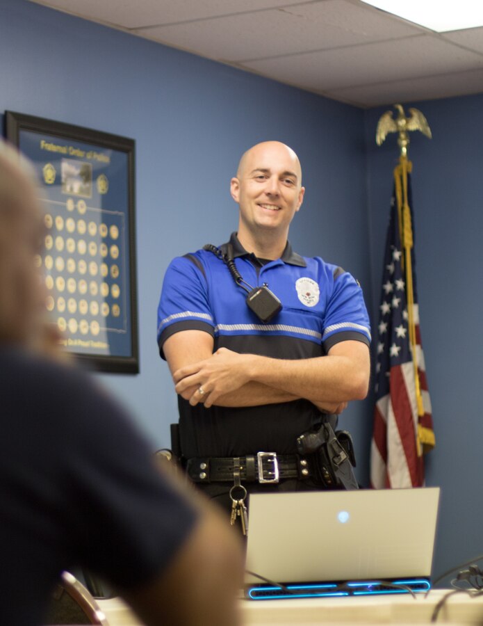 Police Officer Aaron Williams from the New Bern Police Department and Bike Safe North Carolina assessor teaches a lesson to members from the Cherry Point Motorcycle Mentorship Program in New Bern, North Carolina, April 16, 2021. The training focuses on assessing the capabilities of motorcyclist and building upon their knowledge of the risks and mitigations when riding a motorcycle. (U.S. Marine Corps photo by Lance Cpl. Symira Bostic)