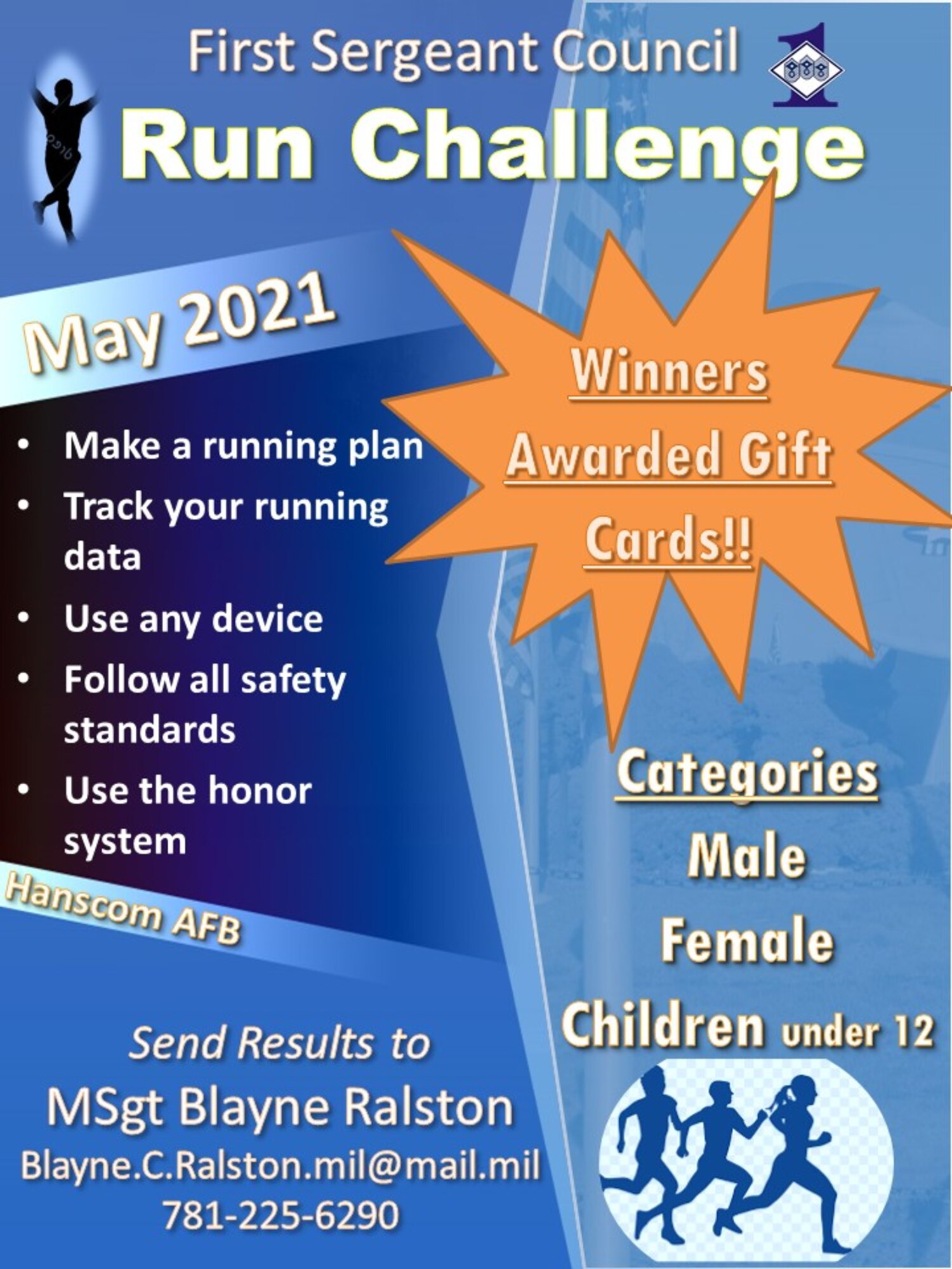 The First Sergeants Council at Hanscom Air Force Base, Mass., will host a 31-day run, walk challenge for all those who live or work on the installation beginning May 1. (Courtesy Graphic)