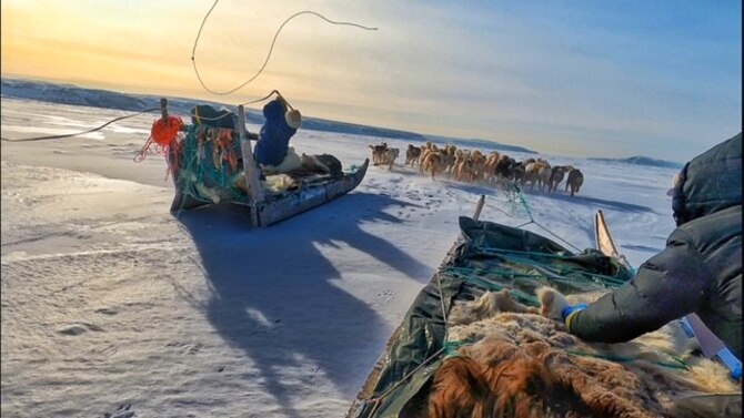 U.S. Space Force Capt. Kimberly Garcia, 12th Space Warning Squadron operations flight commander and her dogsled team pass U.S. Air Force Master Sgt. Trevor Derr, 821st Support Squadron transient alert technician and his team during the Greenlandic Heritage Week Dogsled Race at Thule Air Base, Greenland, March 29, 2021. Garcia and Derr were selected along with 15 other Thule AB members to take part in the Thule AB Dogsled Race. Thule AB hosts a variety of organizations with logistical support in the Arctic, including NASA, the Royal Canadian Air Force and the National Science Foundation climatic, seismic and deep space research.  (U.S. Space Force Photo by Master Sgt. Trevor Derr)