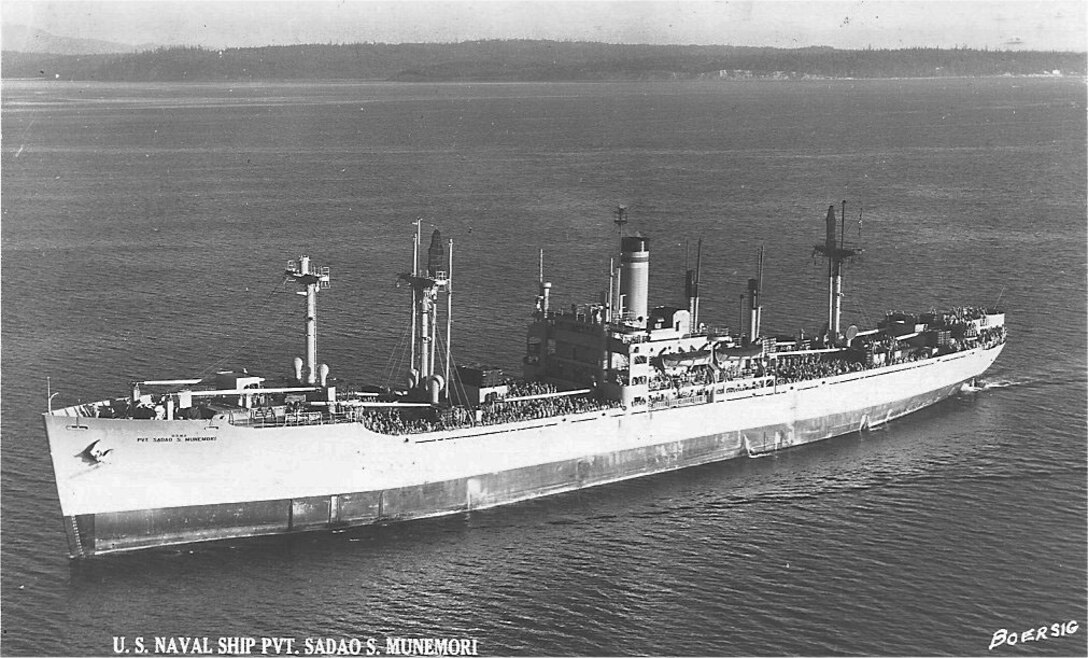 A large ship floats on the water.