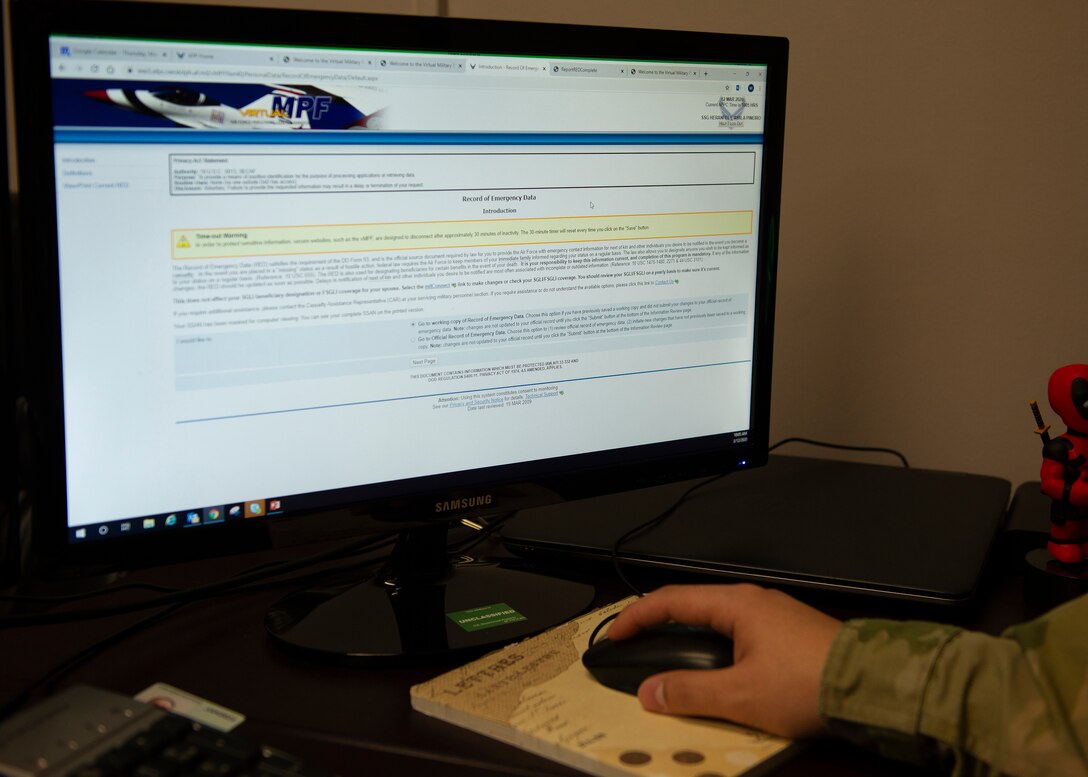 An Airman accesses virtual Record of Emergency Data, or vRED, online as he prepares to update his emergency data information. Accurate vRED ensures the Air Force Casualty Service Branches can provide prompt and accurate reporting, dignified and humane casualty notifications, and thorough and compassionate follow-on assistance to surviving family members. (U.S. Air Force photo by L. Cunningham)