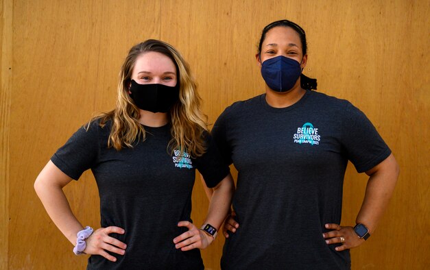 1st Lt. Darby Germain, 378th Air Expeditionary Wing Sexual Assault Response Coordinator, and Senior Master Sgt. LaTonya Reno, 378 AEW full-time Victim Advocate, pose for a photo, April 24, 2021. The 378th AEW welcomed the two new members of the Sexual Assault Prevention Response team, who took the reins of the program in April. (Photo by Senior Airman Samuel Earick)