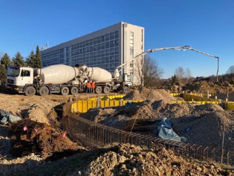 Crews prepare the site for a new helicopter landing zone at the primary hospital in Karlovac, Croatia in March 2021 as part of a project being managed by the U.S. Army Corps of Engineers, Europe District in support of the U.S. European Command and in close coordination with the U.S. Embassy in Croatia. The site is one of three helicopter landing zones being built to improve local emergency medical response capabilities and help save lives. (Courtesy Photo)