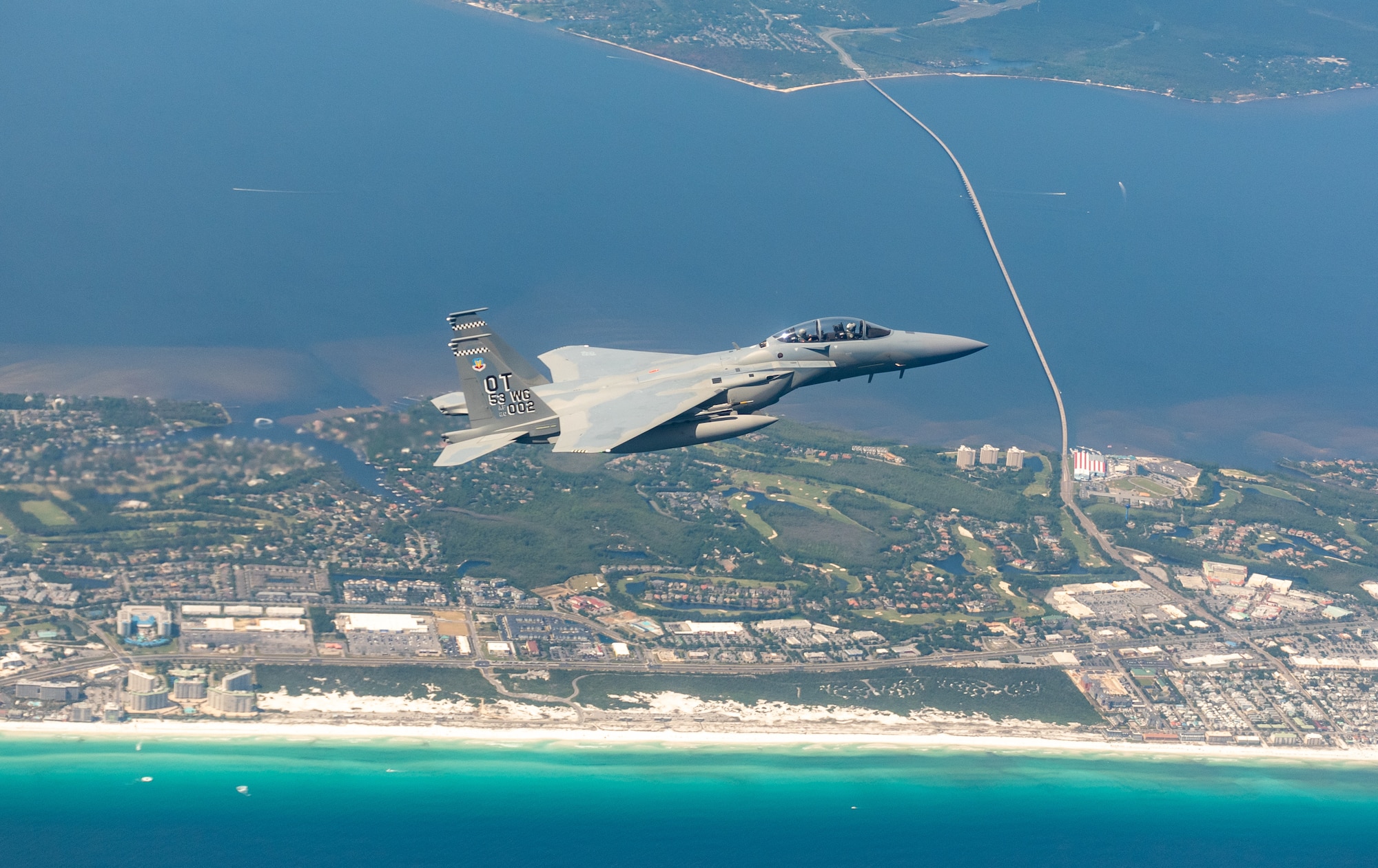 F-15EX flies over the beaches outside of Eglin Afb