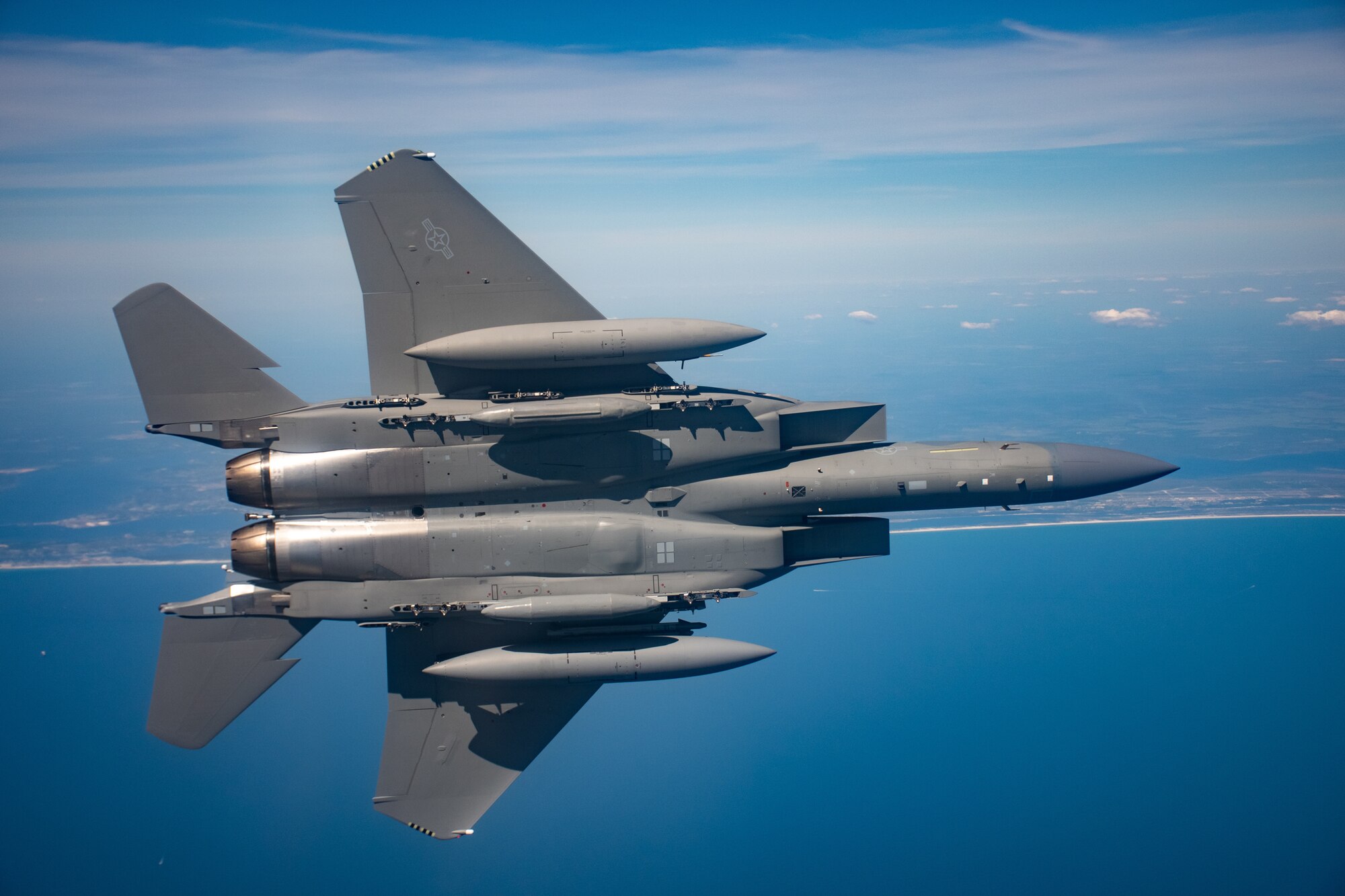 F-15EX flies over the beaches outside of Eglin Afb