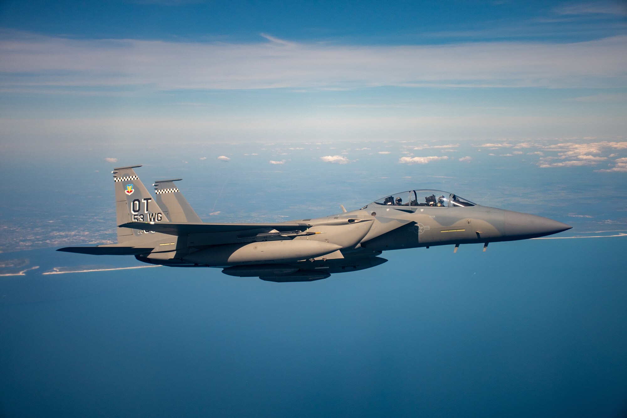F-15EX flies over the beaches outside of Eglin Afb