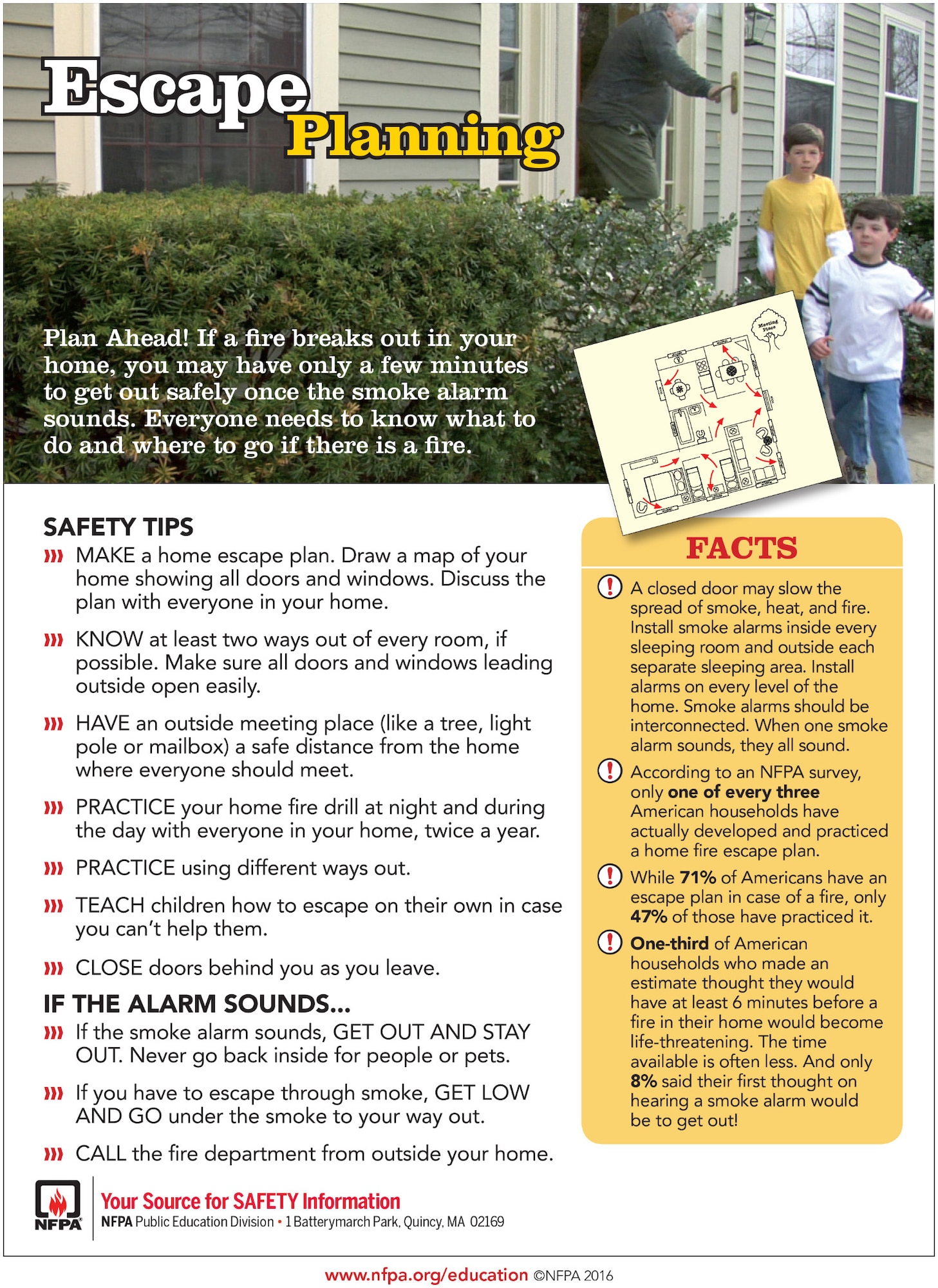 For more information about fire escape planning, visit the National Fire Prevention Association website at www.nfpa.org/education or contact the Fire Prevention Offices at JBSA-Fort Sam Houston at 210-221-2727, JBSA-Lackland at 210-671-2921, or JBSA-Randolph at 210-652-6915.