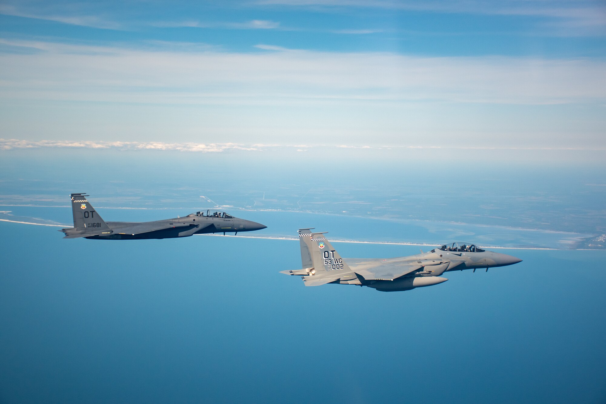 F-15EX flies over the beaches outside of Eglin Afb