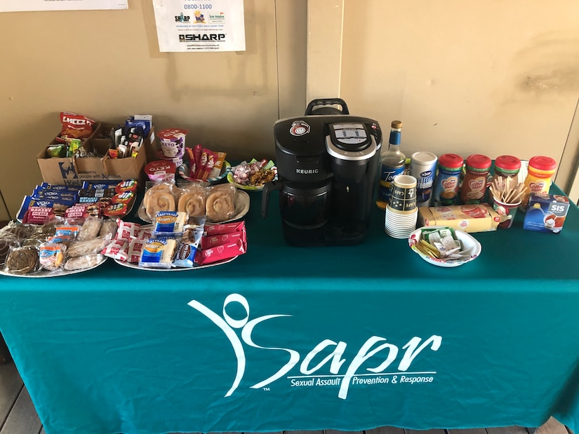 During the 28th Expeditionary Combat Aviation Brigade’s deployment to the Middle East, the sexual harassment and assault response and prevention team ran a makeshift coffee shop to provide knowledge about their program and a welcoming environment to seek help. (U.S. Army photo by Master Sgt. John Paul Karpovich)