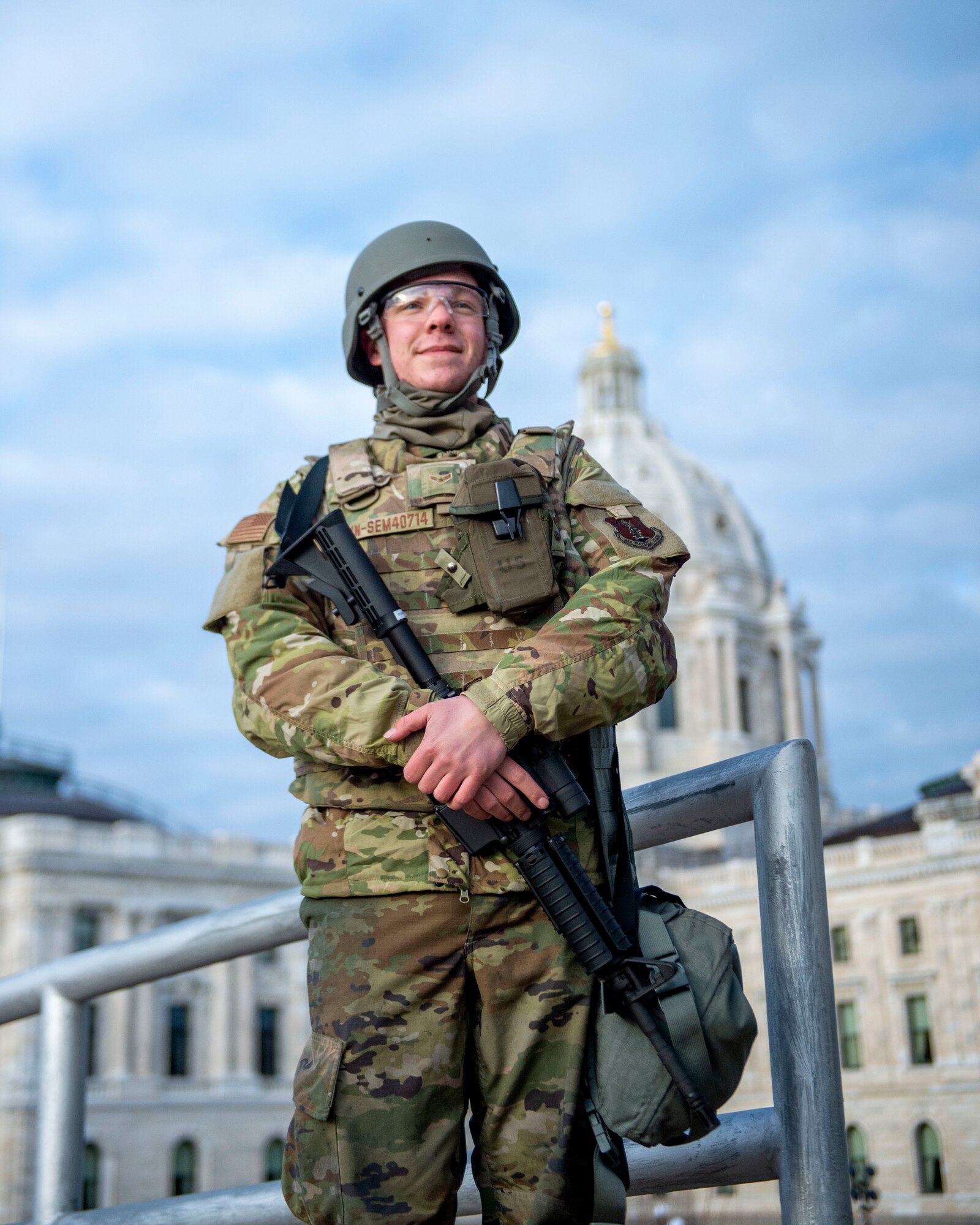 U.S. Air Force Airmen, Airman 1st Class Graham Seminari from the 148th Fighter Wing supports security missions during Operation Safety Net in St. Paul, Minn., Apr. 20, 2021.