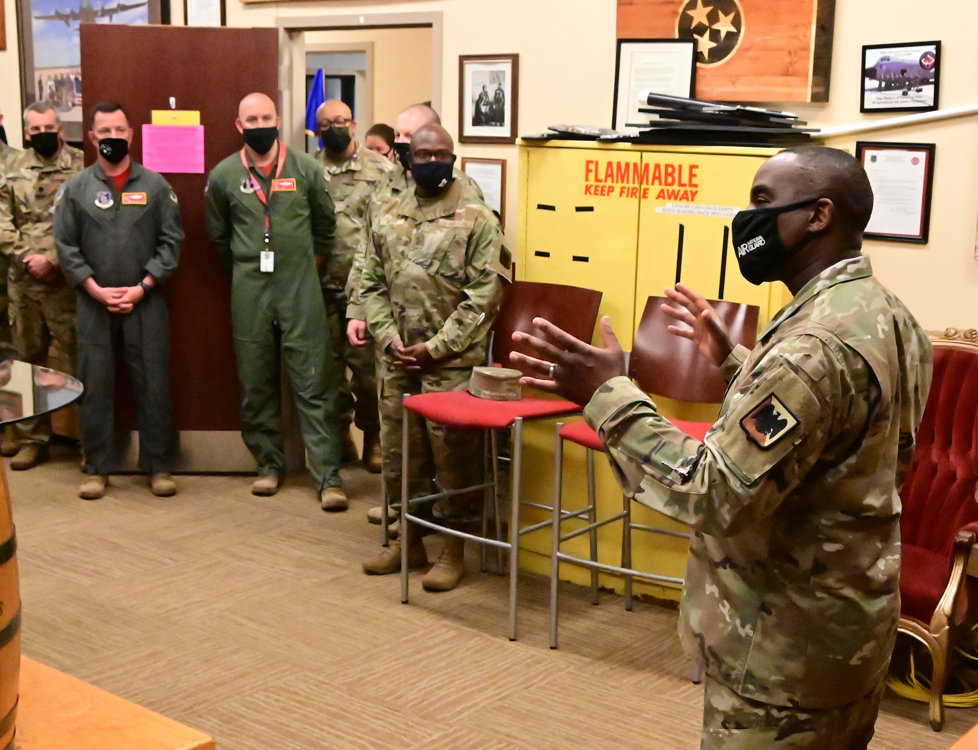 U.S. Air Force Chief Master Sgt. Maurice Williams, command chief, Air National Guard, speaks with members of the 118th Operations Group, Tennessee National Guard, April 23, 2021 at Berry Field Air National Guard Base, Nashville, Tennessee. Williams was given a tour of all the operational missions at the 118th Wing, and was able to meet with several of the wing’s top performing Airmen. (U.S. Air National Guard photo by Master Sgt. Jeremy Cornelius)