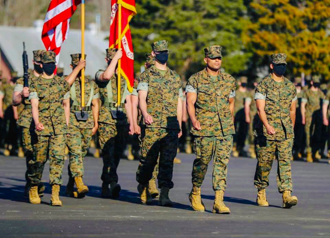 Former first sergeant, Alberto Andino, marches during his graduation ceremony at Officer Candidate School in Quantico, Va., March 31, 2021. Andino became the fourth first sergeant in Marine Corps history to complete the Corps’ officer candidate school and commission as an officer through the Marine Enlisted Commissioning Education Program.