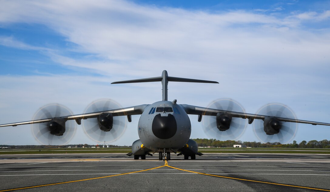 A German air force A-400M Atlas prepares for takeoff after completing a foreign military sales mission at Dover Air Force Base, Delaware, April 19, 2021. Germany is a key NATO ally, helping to strengthen regional security and encourage peace and unity in Europe. Dover AFB’s FMS mission supports approximately $3.5 billion worth of equipment annually. (U.S. Air Force photo by Airman 1st Class Stephani Barge)