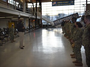 GREAT LAKES, Ill. (Apr. 1, 2021)  Surface Warfare Engineering School Command (SWESC) Great Lakes Command Master Chief Demetric M. Hairston talked to the staff at Boatswain’s Mate A School and Surface Common Core during a ball capping ceremony held at the USS Whitehat, were SWESC officially completed the transition of the schools from Center for Surface Combat Systems Unit Great Lakes. (U.S. Navy photo by Matt Mogle/Released)