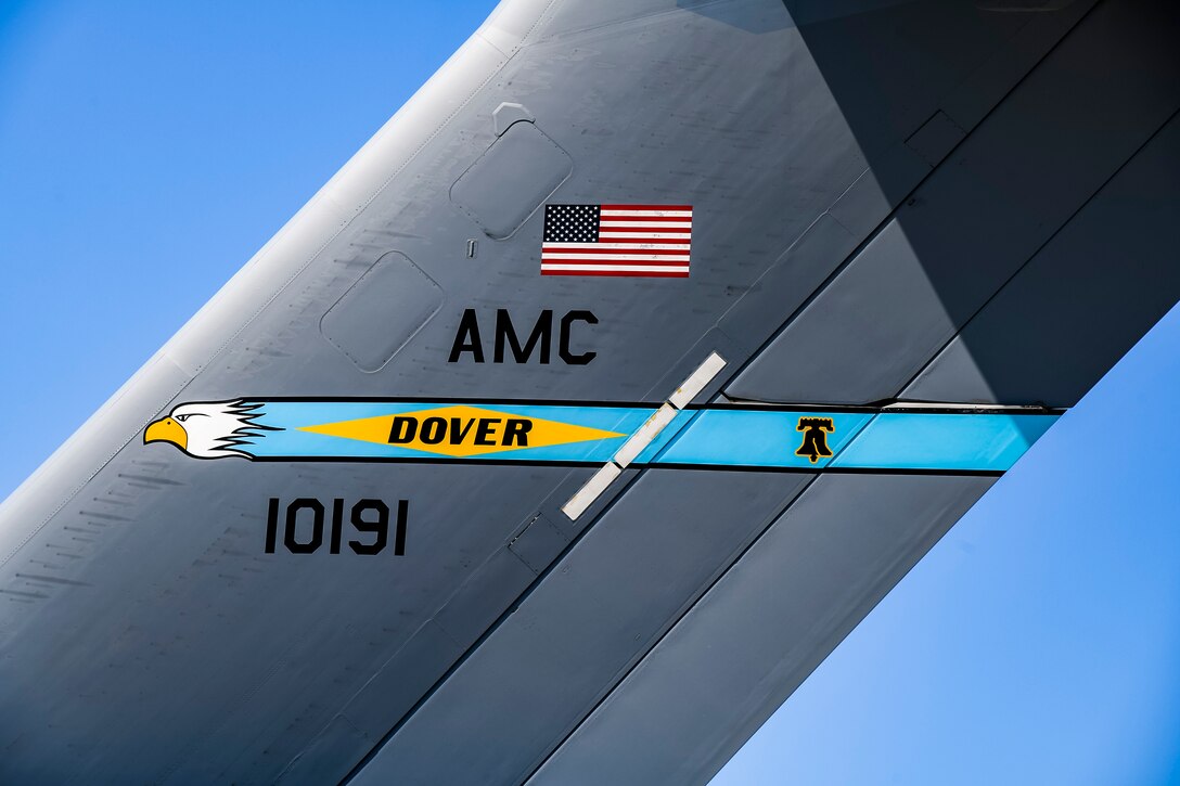 A C-17 Globemaster III sits on the flight line at Dover Air Force Base, Delaware, April 23, 2021. The C-17 can take off and land on runways as short as 3,500 feet and only 90 feet wide. Even on such narrow runways, the C-17 can turn around using a three-point star turn and its backing capability. (U.S. Air Force photo by Airman 1st Class Stephani Barge)