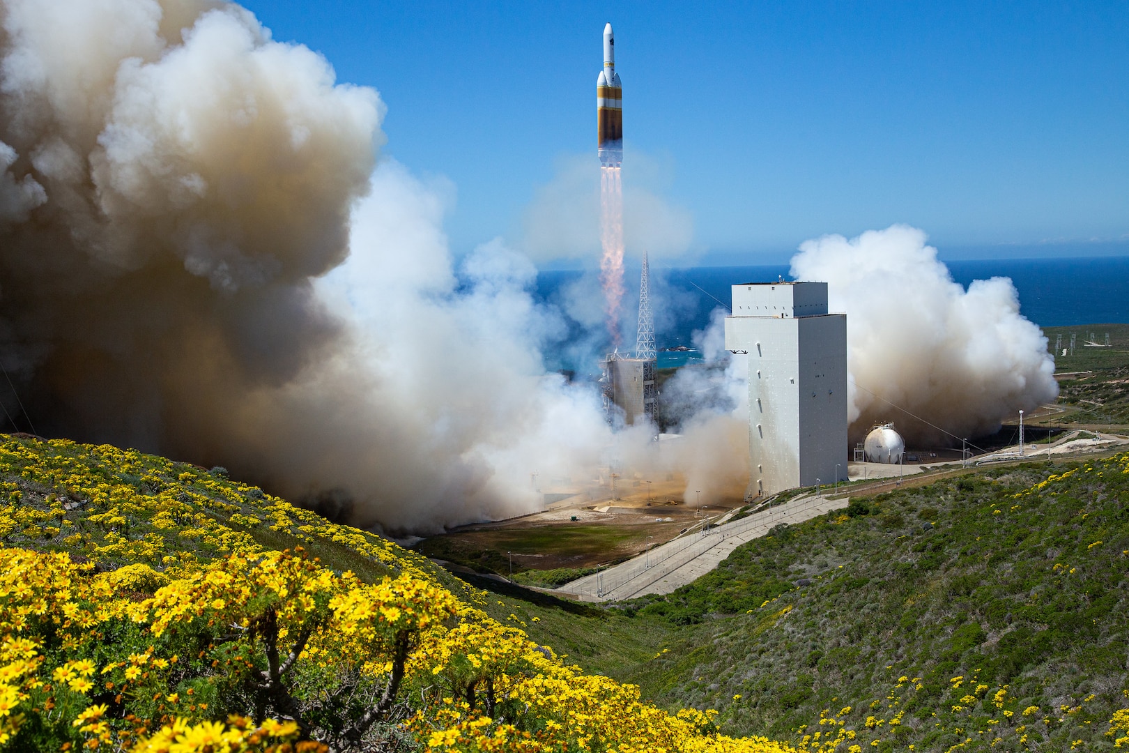 A rocket launches from launch pad