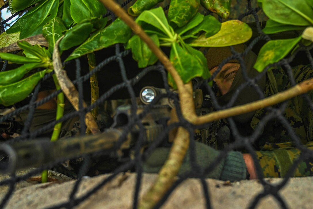 A Marine points a rifle from behind brush on a beach.