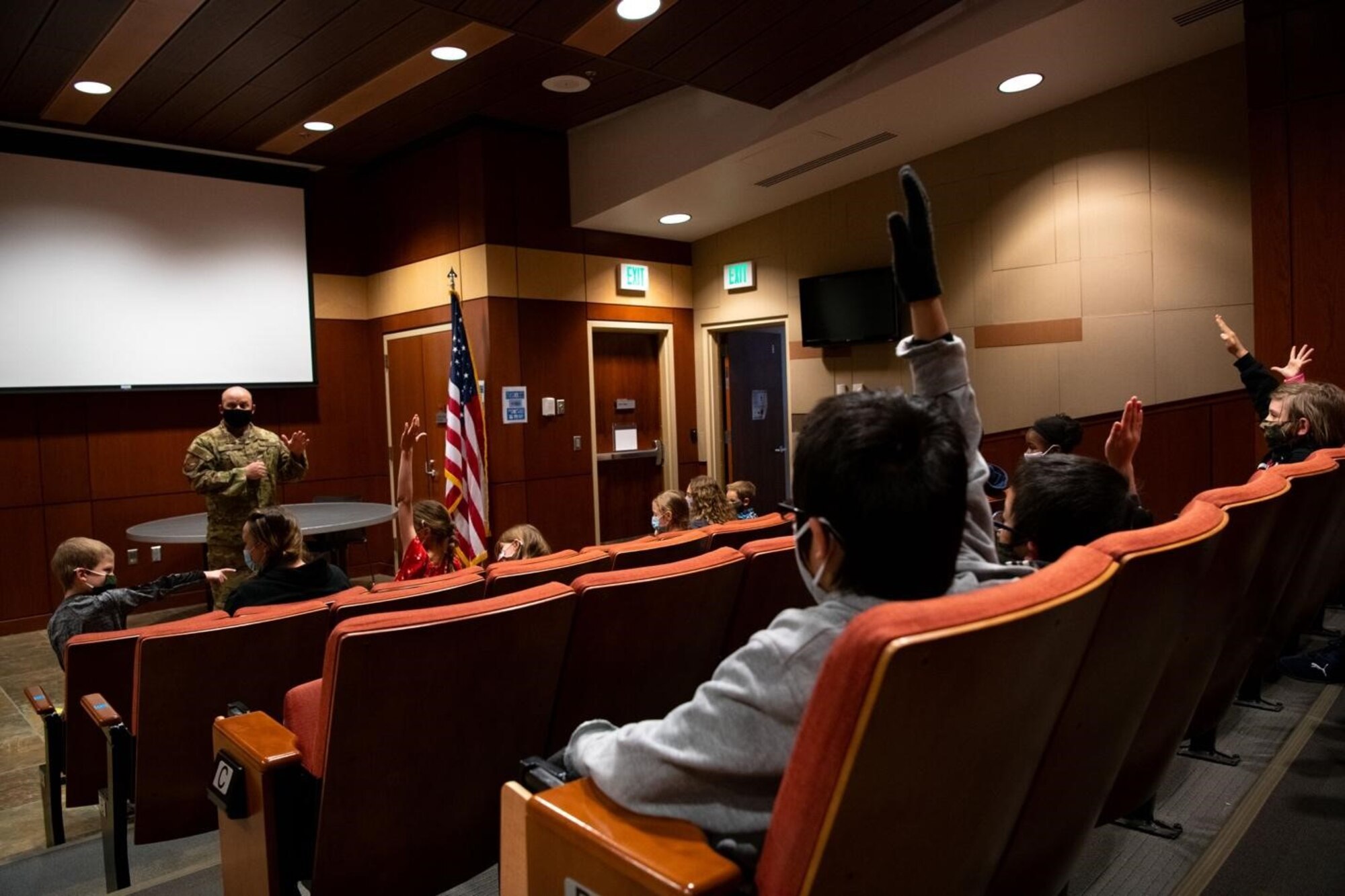A group of military children attend a “pre-deployment” briefing at the Installation Deployment Readiness Cell on Ellsworth Air Force Base, S.D., April 17, 2021.