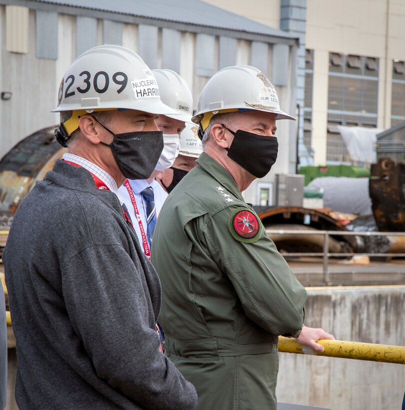 BREMERTON, Wash. – Vice Chief of Naval Operations Adm. Bill Lescher, visited Puget Sound Naval Shipyard & Intermediate Maintenance Facility, April 27, 2021, to tour PSNS & IMF facilities and discuss how the Public Shipyard Improvement Planand the Shipyard Infrastructure Optimization Program will enable PSNS & IMF to fully support the Navy the nation needs.(U.S. Navy photo by Wendy Hallmark)
