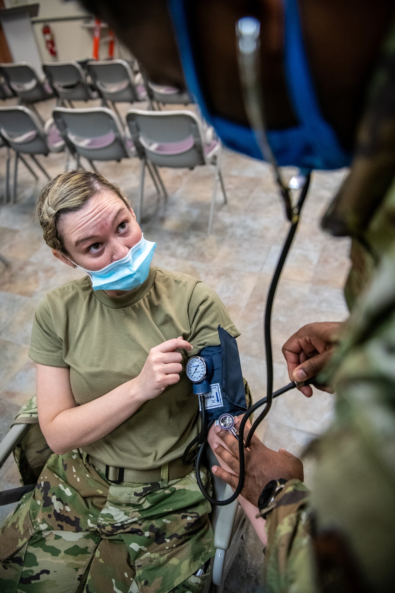 U.S. Air Force Reserve Airmen from the 932nd Airlift Wing Medical Group perform blood pressure training during a skill rodeo April 9, 2021, Scott Air Force Base, Illinois.  Each unit training assembly medical technicians are given the opportunity to practice their life saving skills and build teamwork learning from one another. (U.S. Air Force photo by Christopher Parr)