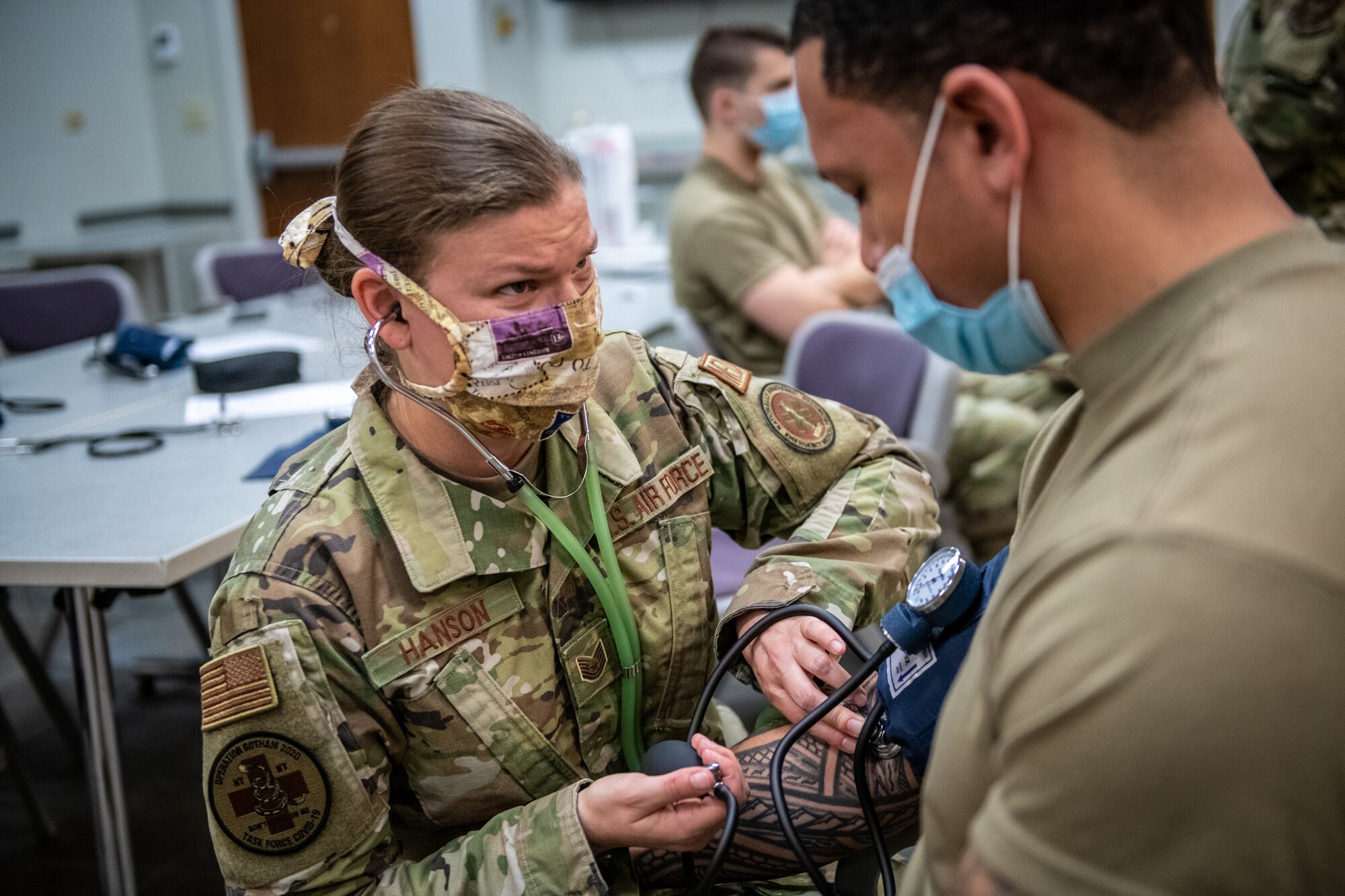 U.S. Air Force Reserve Airmen from the 932nd Airlift Wing Medical Group perform blood pressure training during a skill rodeo April 9, 2021, Scott Air Force Base, Illinois.  Each unit training assembly medical technicians are given the opportunity to practice their life saving skills and build teamwork learning from one another. (U.S. Air Force photo by Christopher Parr)