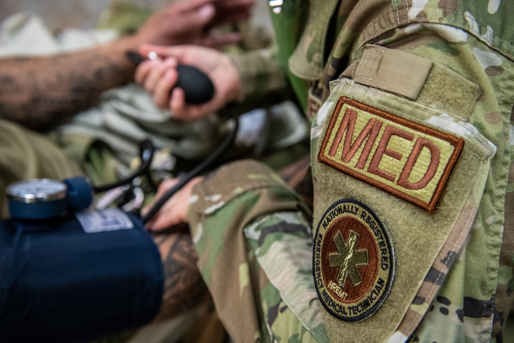 U.S. Air Force Reserve Airmen from the 932nd Airlift Wing Medical Group perform blood pressure training during a skill rodeo April 9, 2021, Scott Air Force Base, Illinois.  Each unit training assembly medical technicians are given the opportunity to practice their life saving skills and build teamwork learning from one another. (U.S. Air Force photo by Christopher Parr)