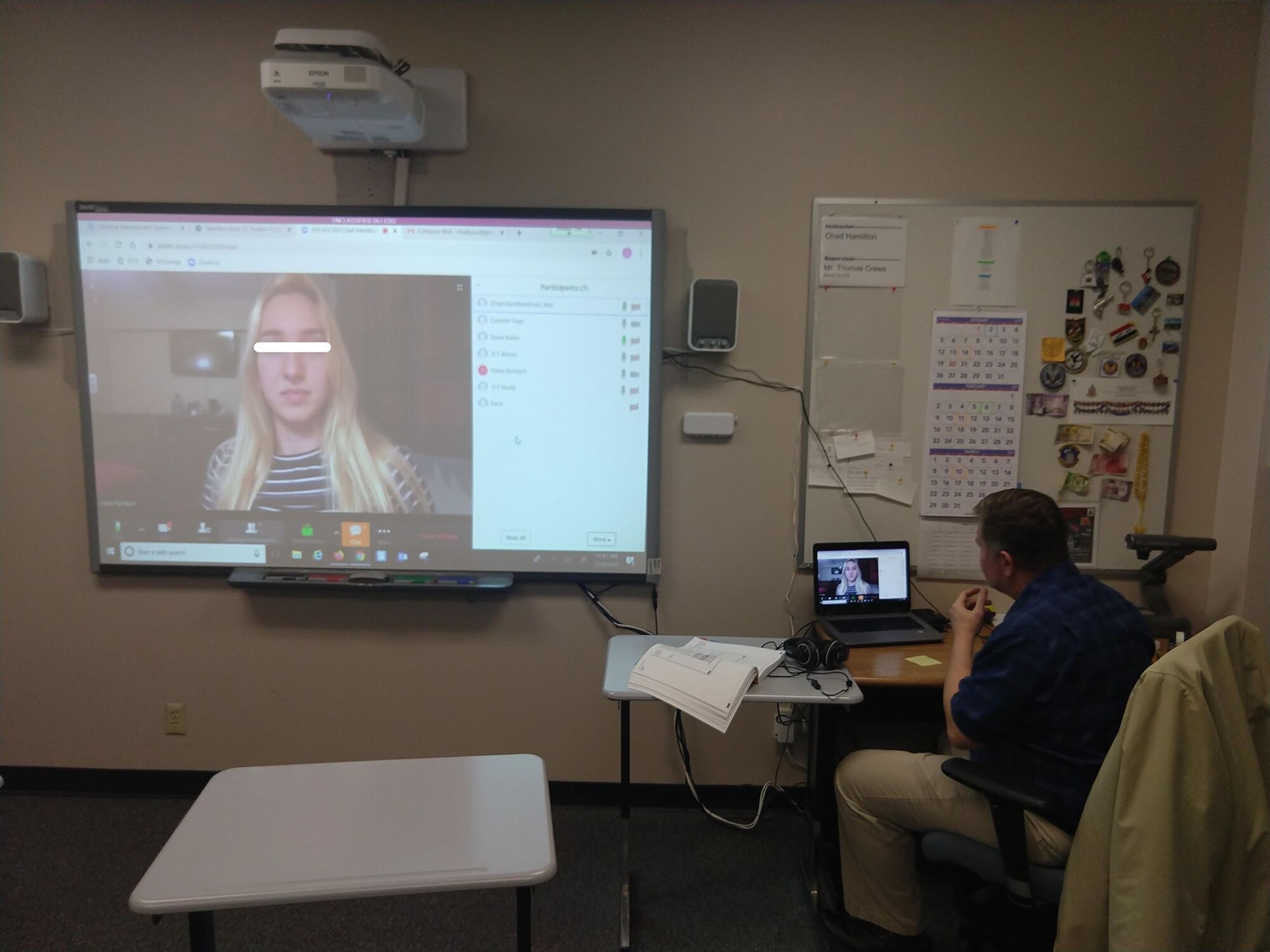 Zoom allows students and teachers to converse face-to-face while not even being in the classroom. Here an instructor is able to uphold the important face-to-face portion of language learning even at a distance. The COVID-19 pandemic generated rapid growth and innovation at DLIELC, with the team being afforded the opportunity to test the implementation of open source and government technologies to continue their mission of language education, despite geographical separation for faculty and students. (U.S. Air Force photo)
