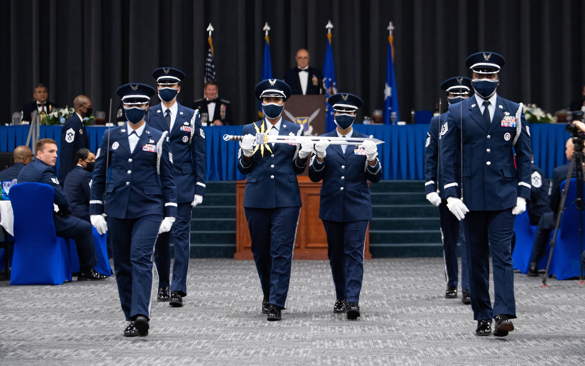 Barksdale's honor guard presents the ceremonious sword used in the Order of the Sword ceremony honoring retired Gen. Robin Rand, former Air Force Global Strike Command commander, at Barksdale Air Force Base, Louisiana, April 23, 2021. The ceremonial presentation was adopted from the Royal Order of the Sword and passed to the United States during the Revolutionary War. However, it lay dormant until it was reinstituted in its current form in 1967. (U.S. Air Force photo by Airman 1st Class Jacob B. Wrightsman)