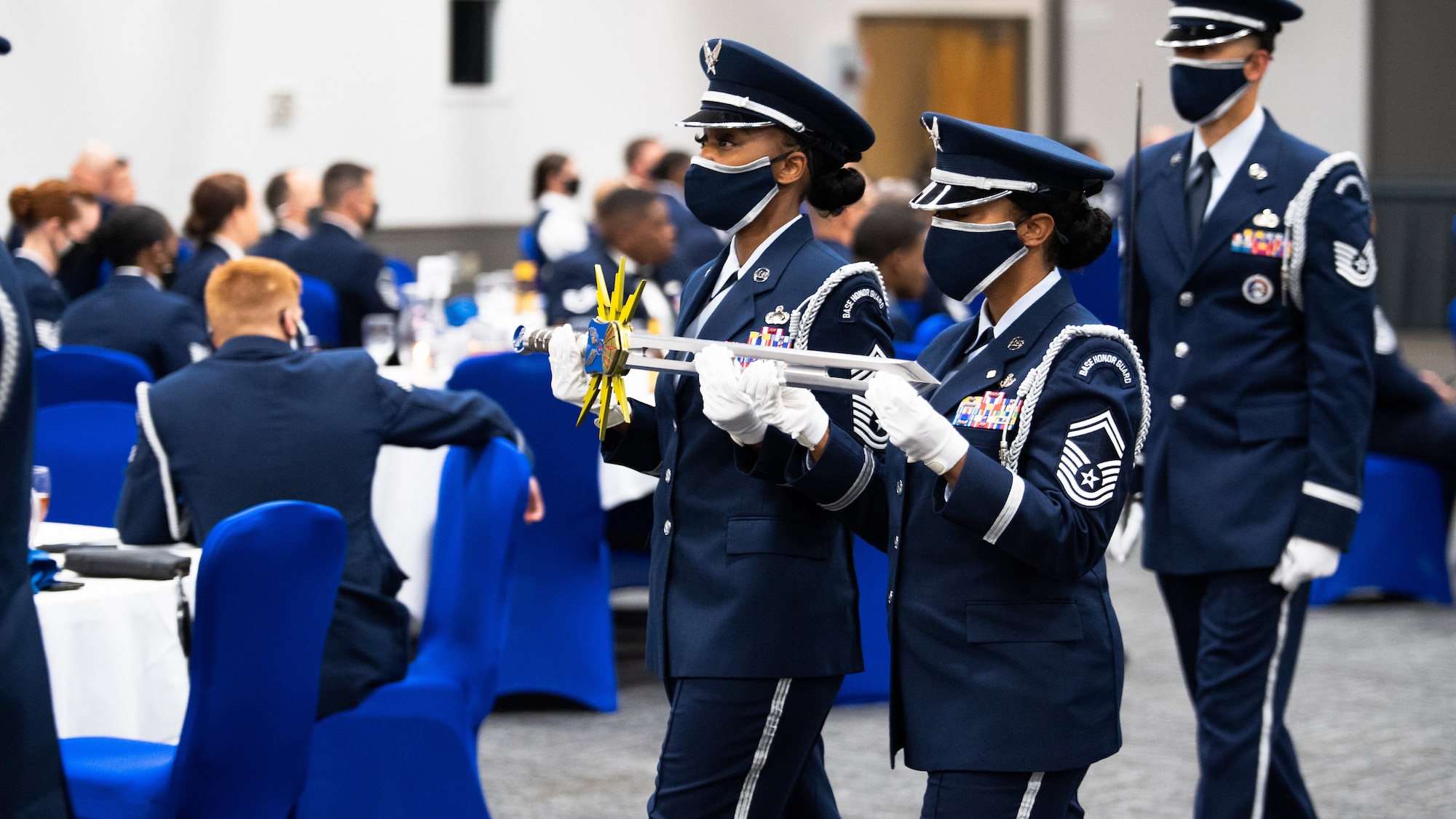 Barksdale's honor guard presents the ceremonious sword used in the Order of the Sword ceremony honoring retired Gen. Robin Rand, former Air Force Global Strike Command commander, at Barksdale Air Force Base, Louisiana, April 23, 2021. The ceremonial presentation was adopted from the Royal Order of the Sword and passed to the United States during the Revolutionary War. However, it lay dormant until it was reinstituted in its current form in 1967. (U.S. Air Force photo by Airman 1st Class Jacob B. Wrightsman)