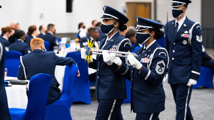 Barksdale's honor guard presents the ceremonious sword used in the Order of the Sword ceremony honoring retired Gen. Robin Rand, former Air Force Global Strike Command commander, at Barksdale Air Force Base, Louisiana, April 23, 2021. The ceremonial presentation was adopted from the Royal Order of the Sword and passed to the United States during the Revolutionary War. However, it lay dormant until it was reinstituted in its current form in 1967. (U.S. Air Force photo by Airman 1st Class Jacob B. Wrightsman)
