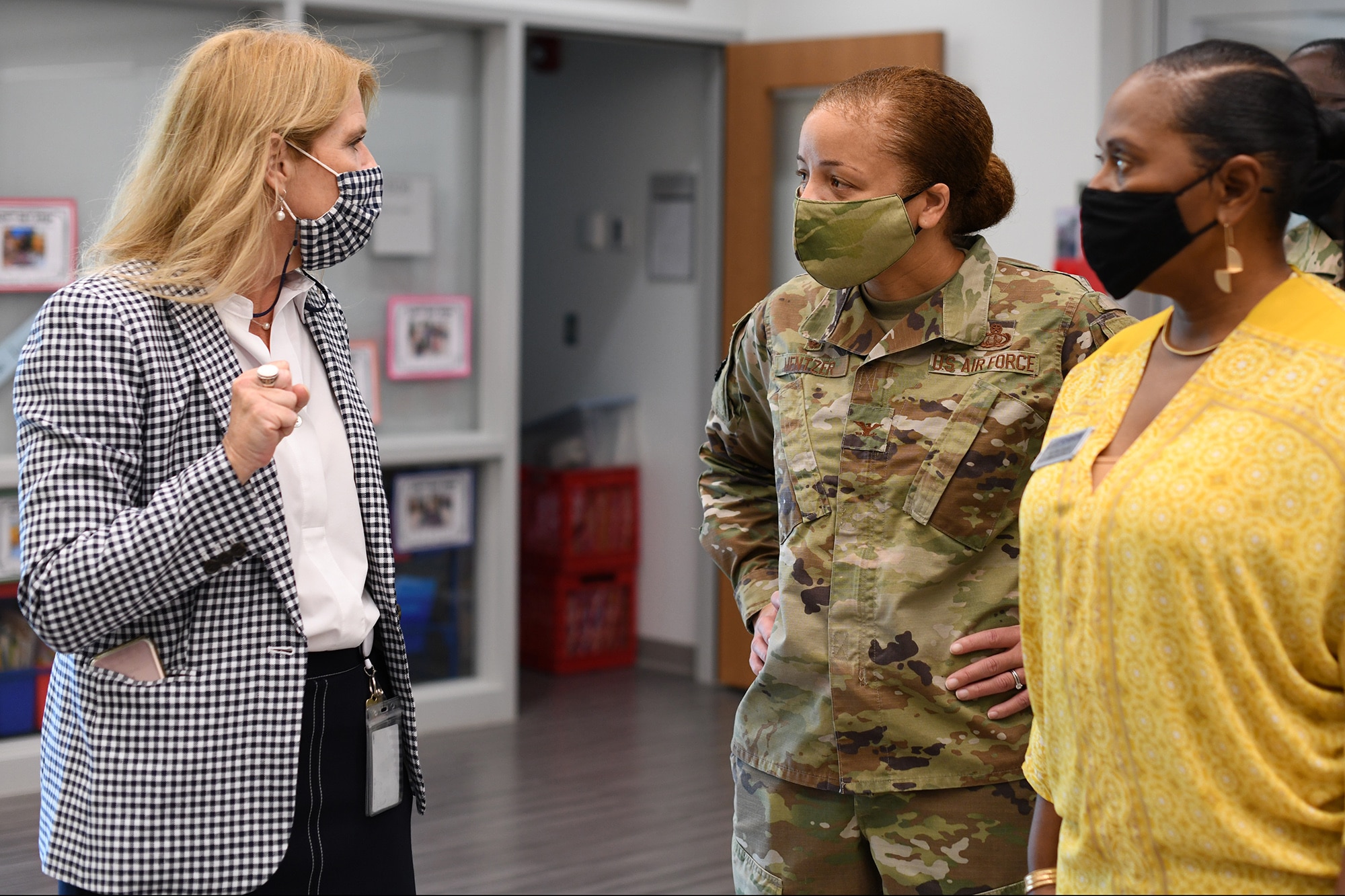 Col. Eries Mentzer, 42nd Air Base Wing Commander, attends a tour of Maxwell Elementary and Middle School led by Jamie Pittman, Principal of Maxwell Elementary and Middle School, April 27, 2021. The school provides educational opportunities to residents of Hunt Military Communities Housing and Maxwell Air Force Base FamCamp.